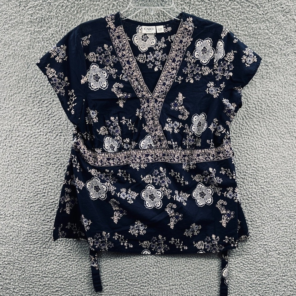 Womens Boho Peasant Blouse 14/16W Navy Floral Cottage Casual Tie Waist Everyday